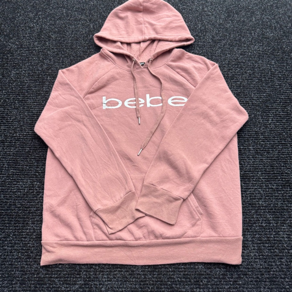 Bebe Sport Womens Pink Logo Pullover‎ Hoodie Sweatshirt XL Raglan Sleeve Rose